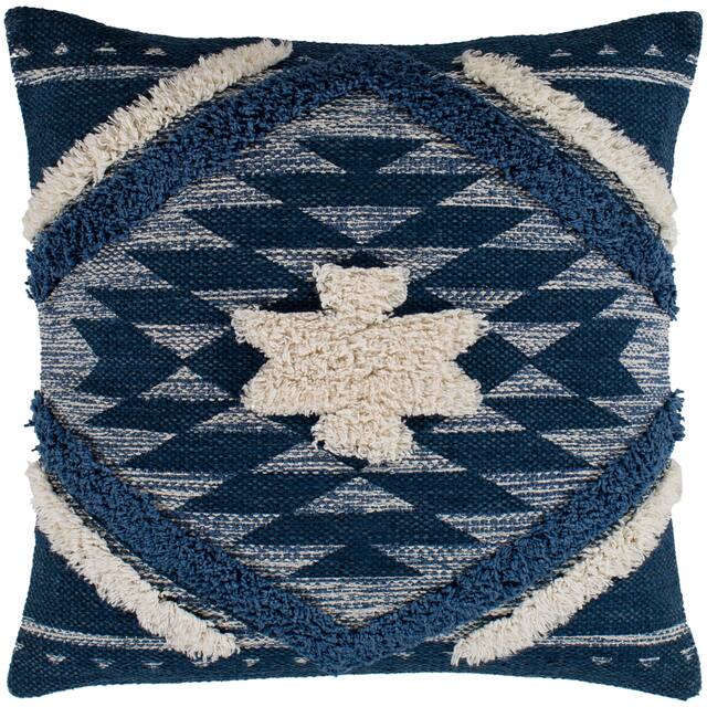 Katherine Denim & Cream Boho Shag Throw Pillow Cover (18" x 18") On